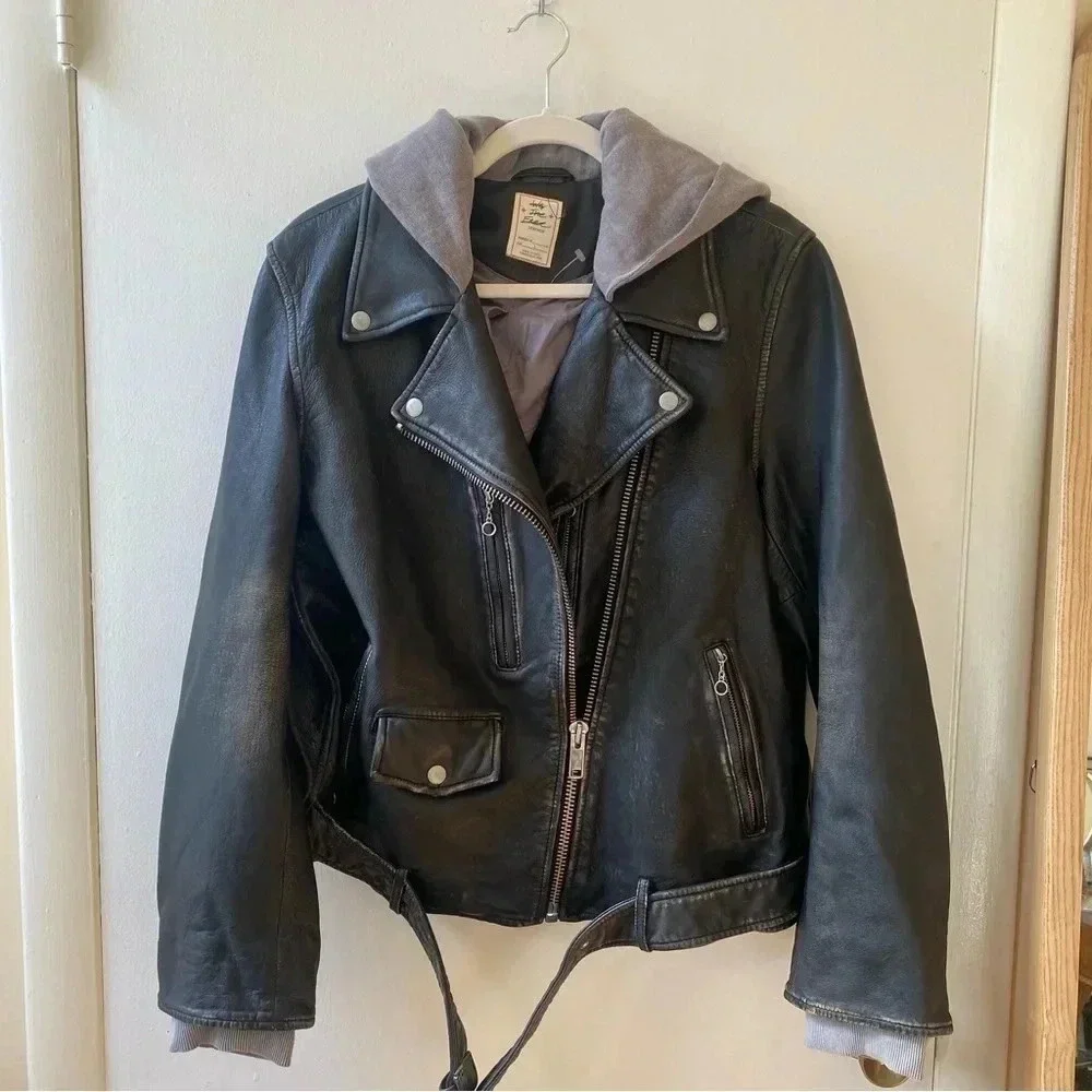 NWT Free People Leather Moto Jacket Hooded Black Gray We The Free